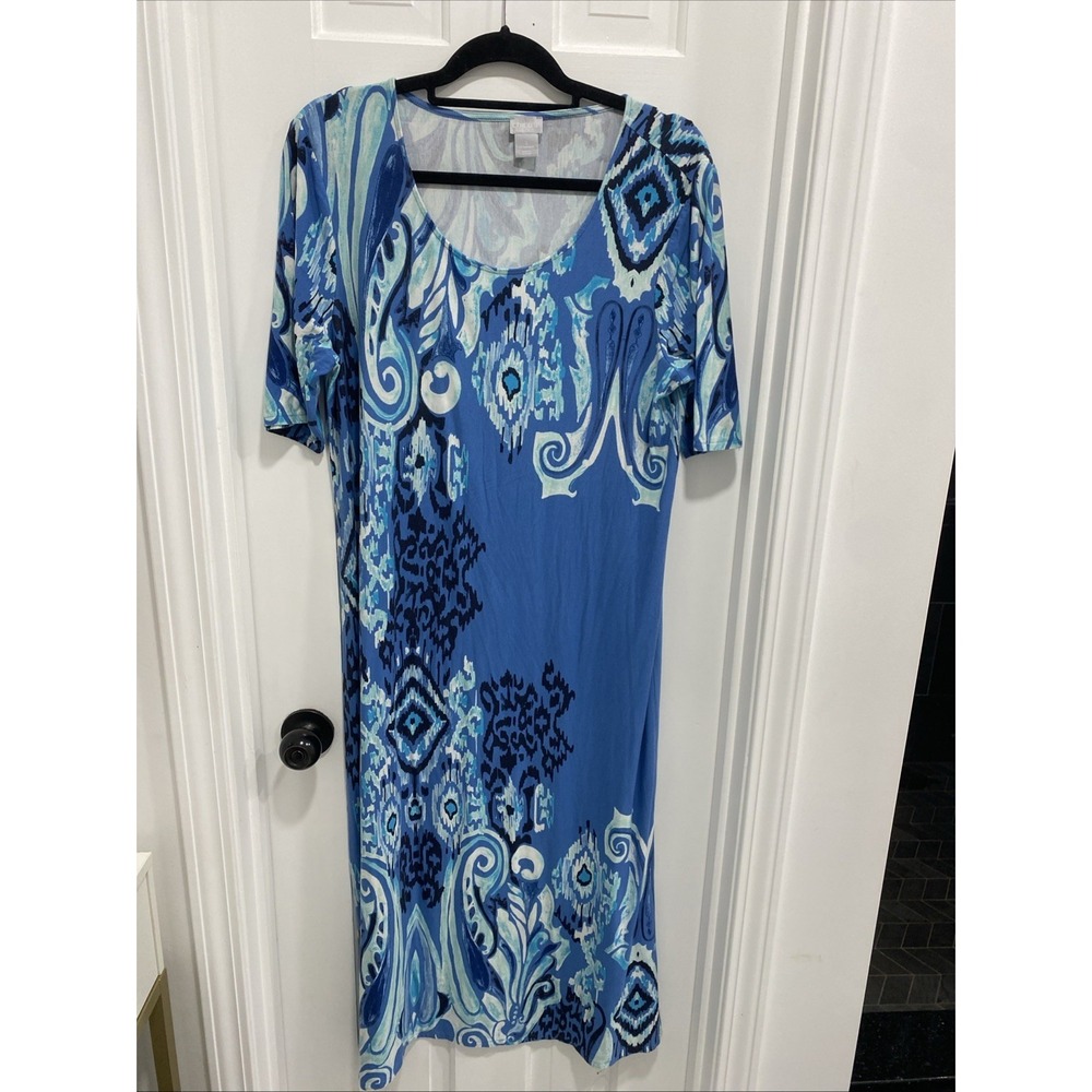 Chicos Maxi‎ Dress Size 2 (Large) Blue White Design Summer Coastal